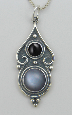 Sterling Silver Romantic Necklace in Grey Moonstone And Black Onyx